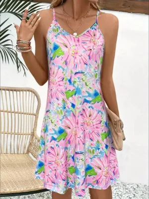 Relaxed and Effortless Floral Print Spaghetti Strap Dress, Elegant V Neck Sleeveless summer mini dress