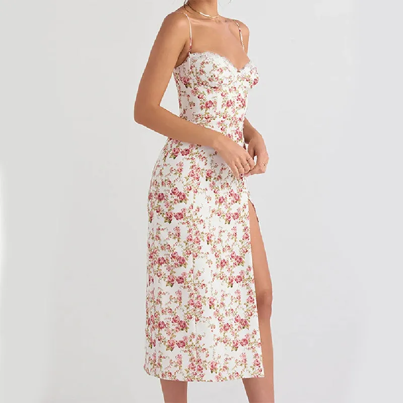 Comfy Flex Lace Flowers Print Long Dress Sexy Fashion Slit Suspender Dress Summer Womens Clothing