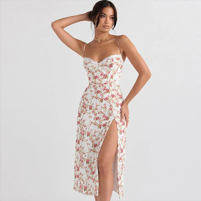Beach Walk Stylish Appearance Lace Flowers Print Long Dress Sexy Fashion Slit Suspender Dress Summer Womens Clothing
