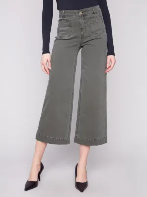 CHARLIE B CROPPED PATCH POCKET FLARE PANTS - OLIVE GREEN CompactPackability