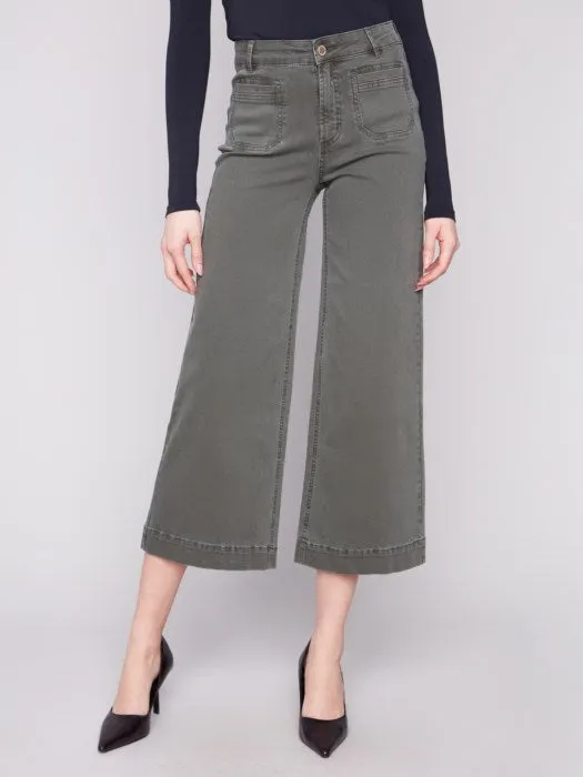 Lightweight insulation CHARLIE B CROPPED PATCH POCKET FLARE PANTS - OLIVE GREEN