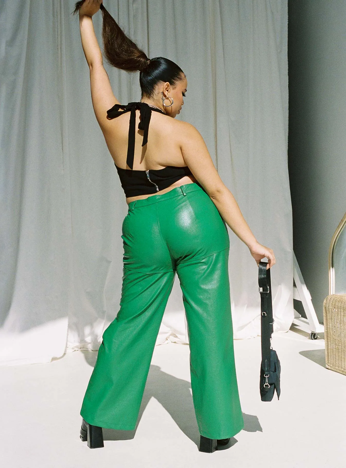 Ashlea PU Pants Green Curve No Wrinkle All Time Use