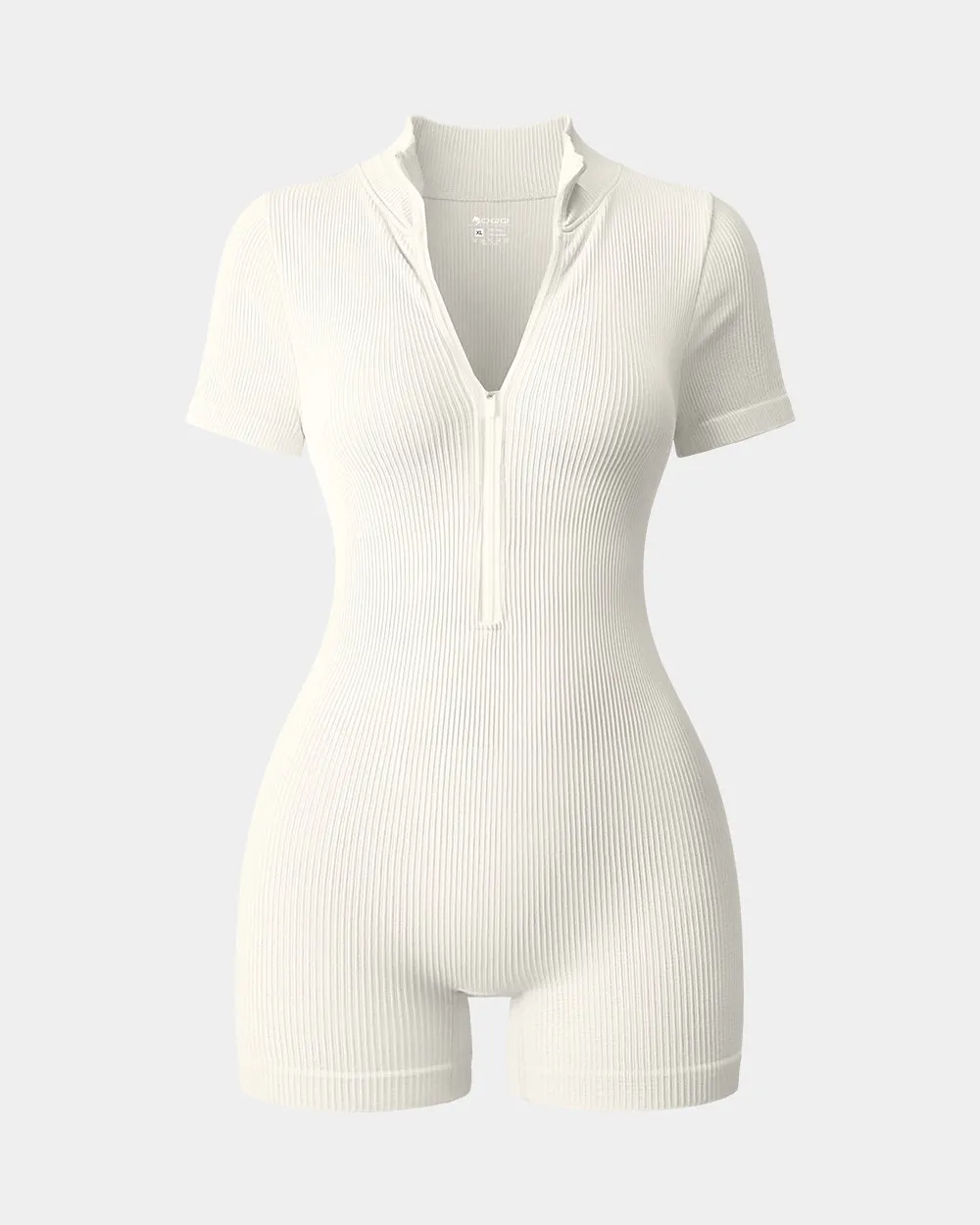Ribbed Short Sleeve Zip Romper Relaxed Vivid Office work