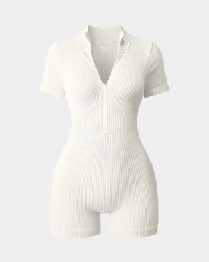 Slim Simple Night Loose Ribbed Short Sleeve Zip Romper