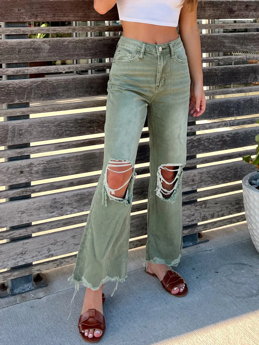 Women's Ripped Straight Loose Jeans Laid-Back Outfit