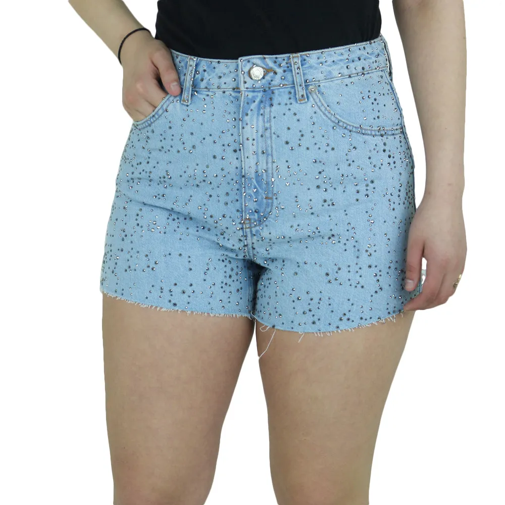Women's Denim Sequined Short,Light Blue Elastic hem romper