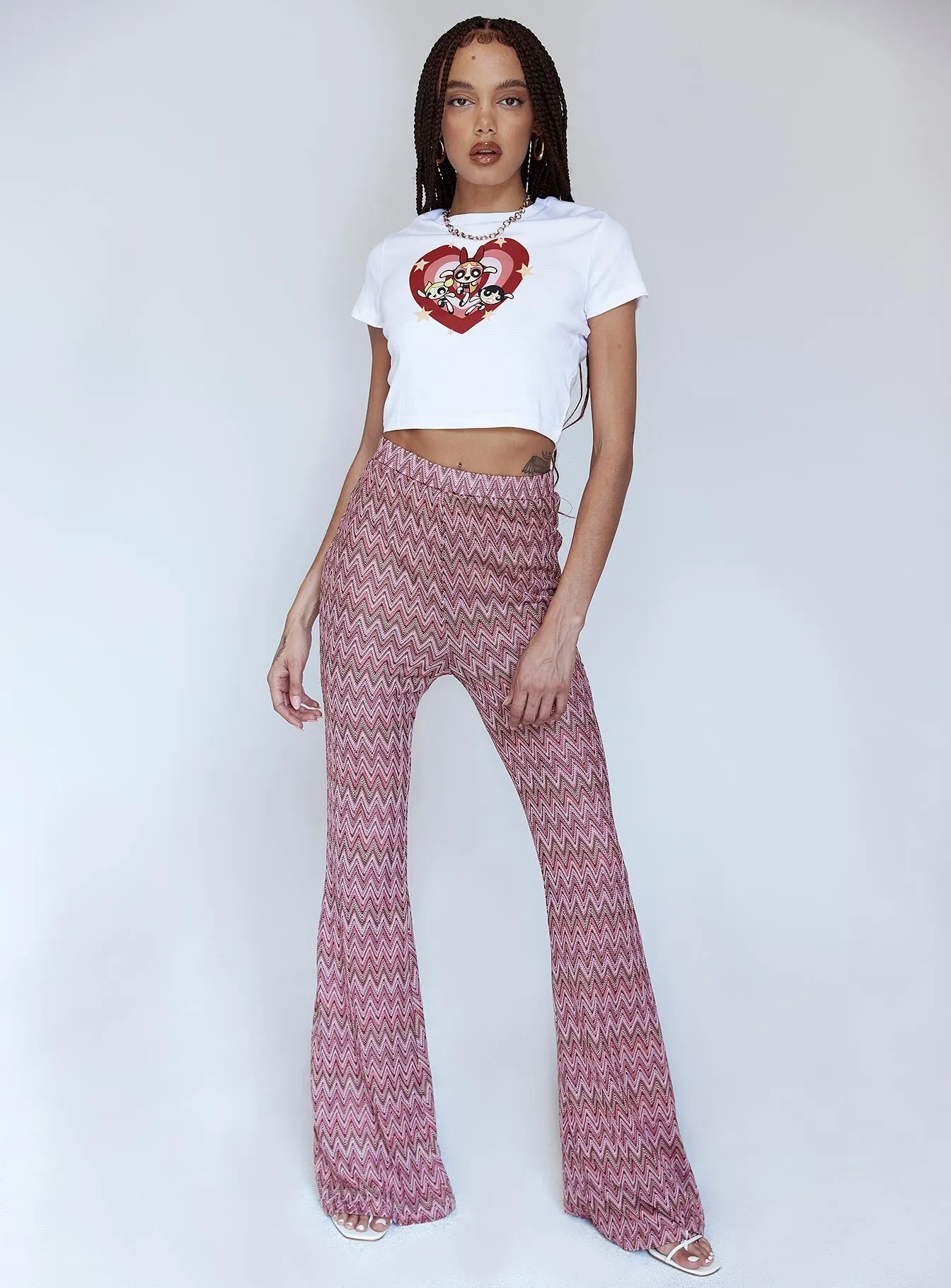 Karmen Chevron Knit Flare Pants Pink Slim Silhouette