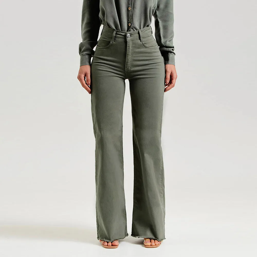 Slim Fit Stretch Fashion Solid Color Frayed Flared Pants Comfort Design Recycled Fit