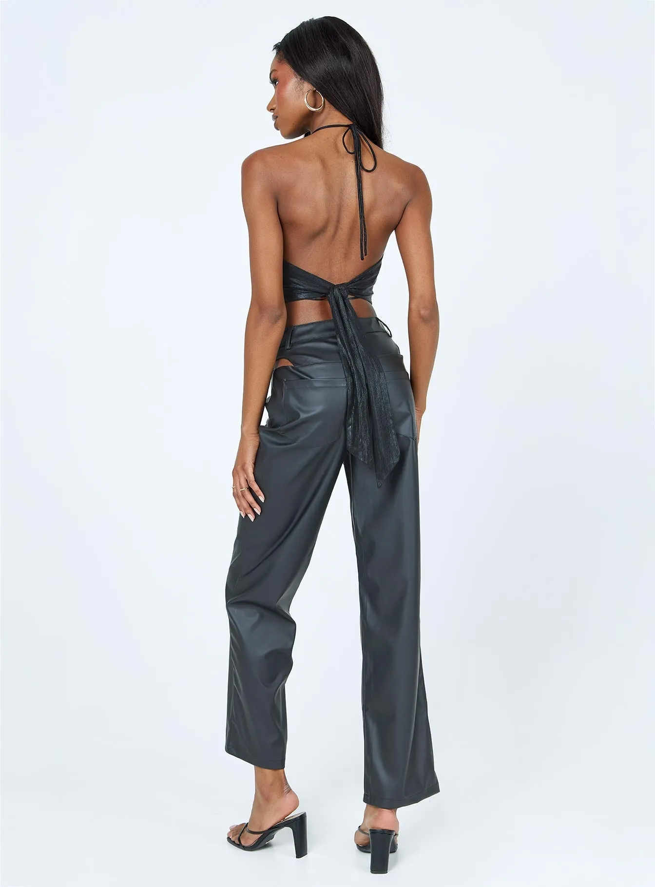 Wool blend Desire Hip Cut Out PU Pants Black