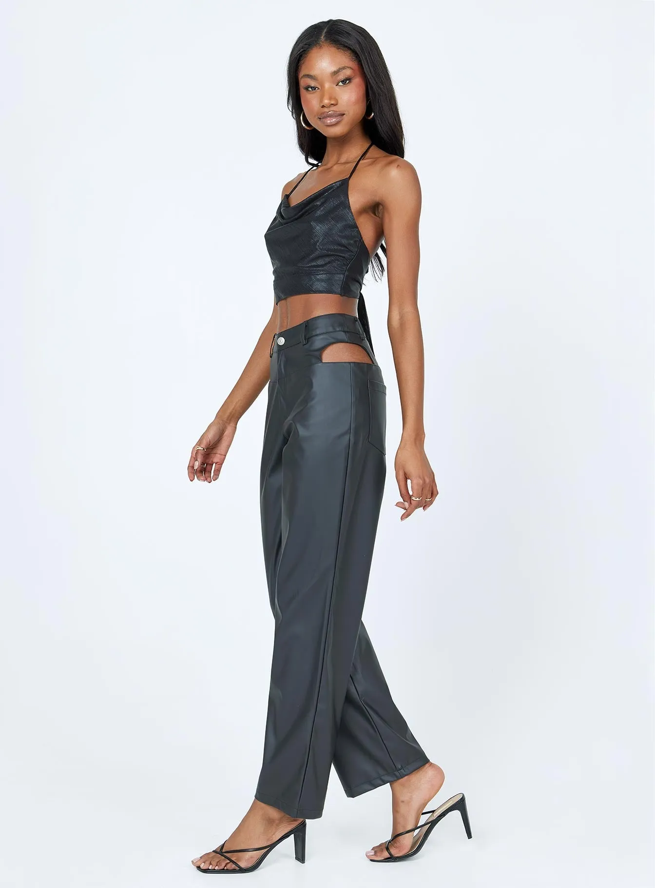 Built-in shorts Stay Comfortable Desire Hip Cut Out PU Pants Black