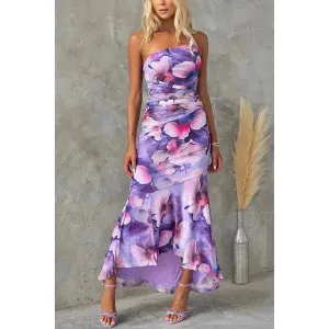 Artistic Edge Flowers Print One-shoulder Midi Dress Summer INS Casual Suspender Women Dress