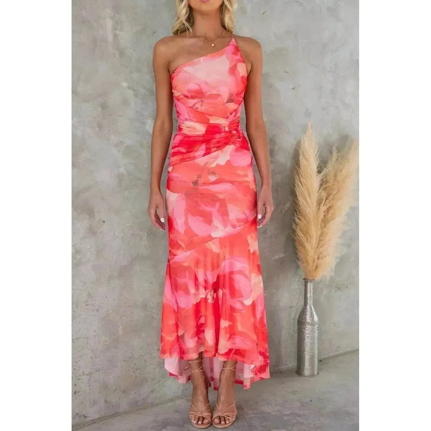 Flowers Print One-shoulder Midi Dress Summer INS Casual Suspender Women Dress Form Focus