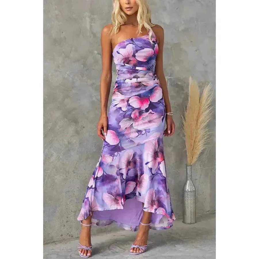 Flowers Print One-shoulder Midi Dress Summer INS Casual Suspender Women Dress Comfortable fit for outings