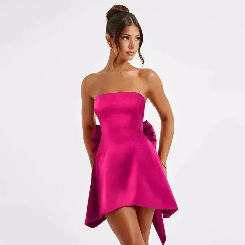 Layered Wear Women's Mini Tube Dress With Big Bow Summer Fashion Tube Top Short Skater Dress.