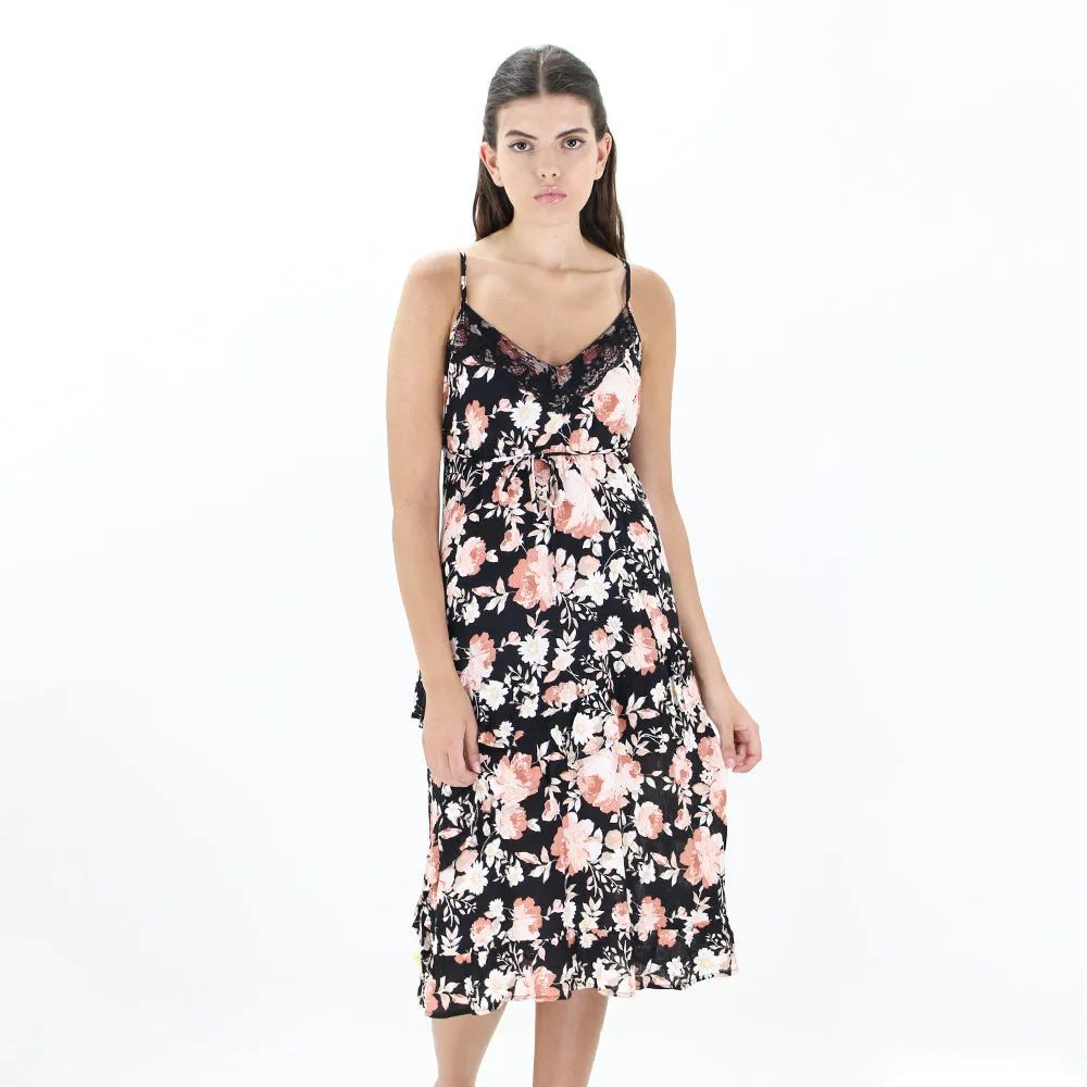 Women's Lace-Sleeve Floral Midi Dress,Black Polished Design Breezy Mood