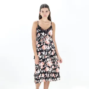 Women's Lace-Sleeve Floral Midi Dress,Black Polished Design Breezy Mood