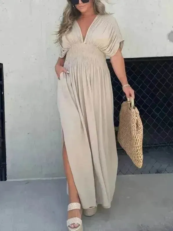 Fashion Bat-sleeved V-neck Slit Dress Summer Beach Short Sleeve Elastic Waist Split Long Dresses Womens Clothing Easy Draping
