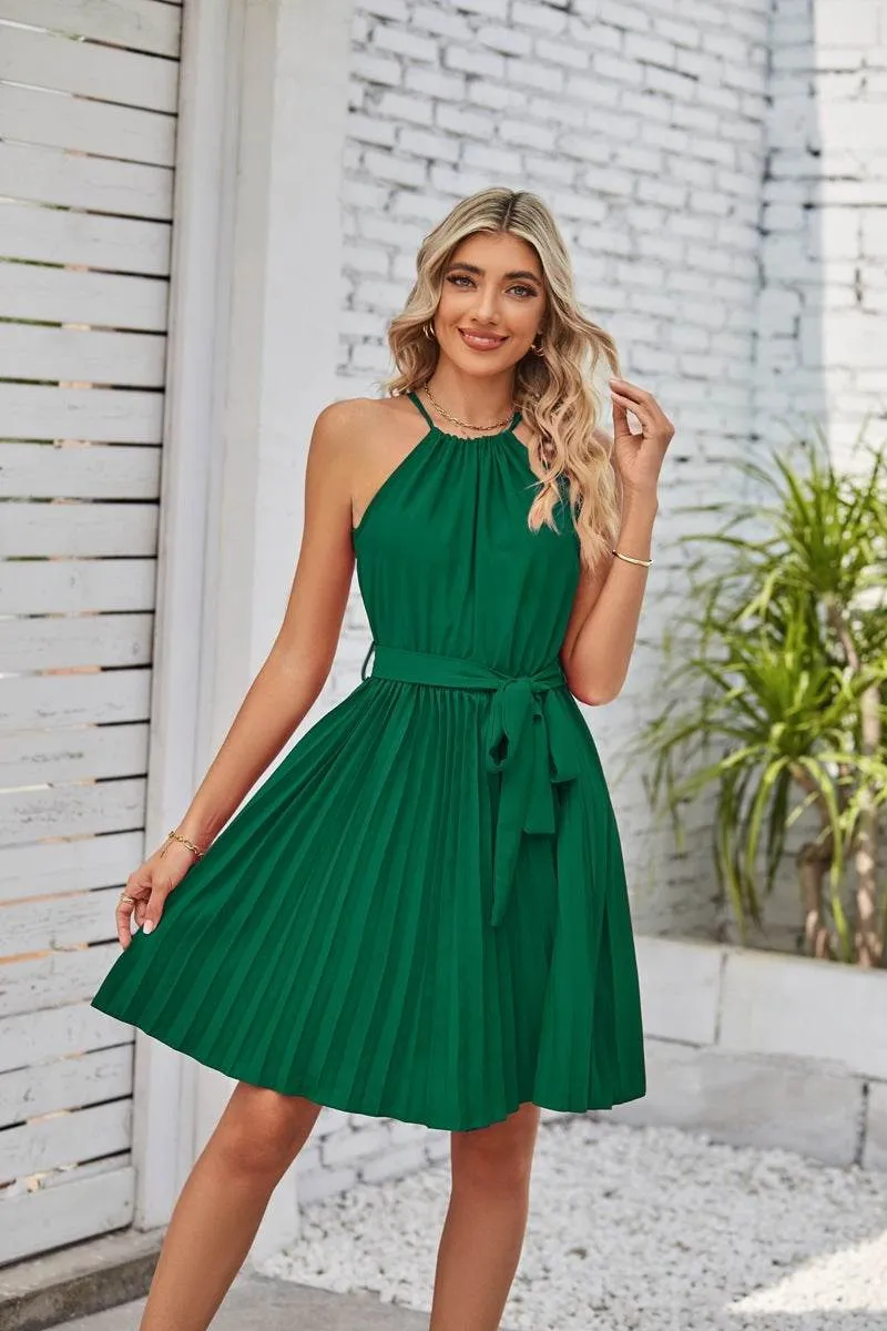 Travel-Style Bloom Soft Halter Strapless Dresses For Women Solid Pleated Skirt Summer Beach Sundress