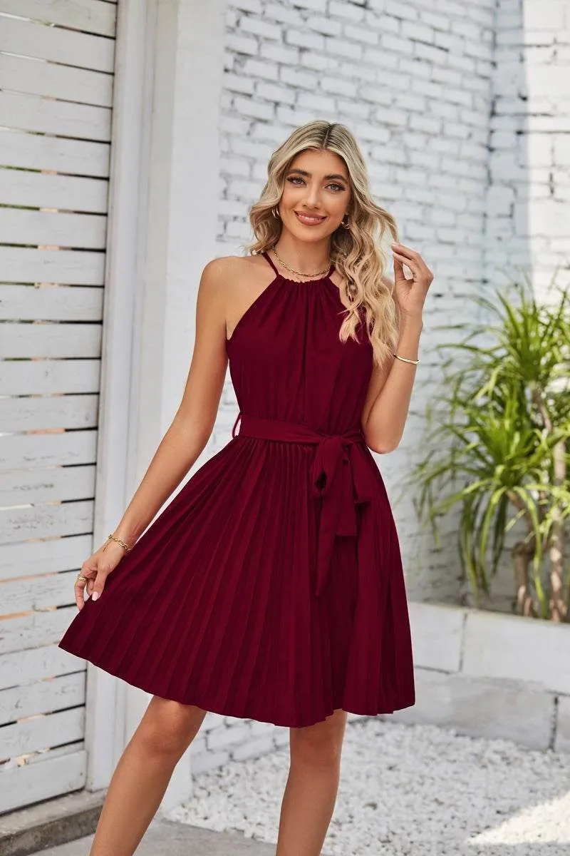 Back-Pocket Work Fit Halter Strapless Dresses For Women Solid Pleated Skirt Summer Beach Sundress