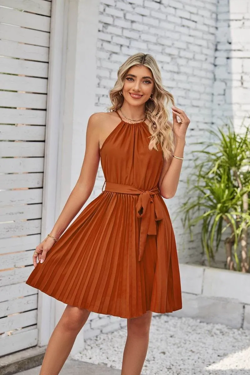 Halter Strapless Dresses For Women Solid Pleated Skirt Summer Beach Sundress Non-Iron Earthy Hue
