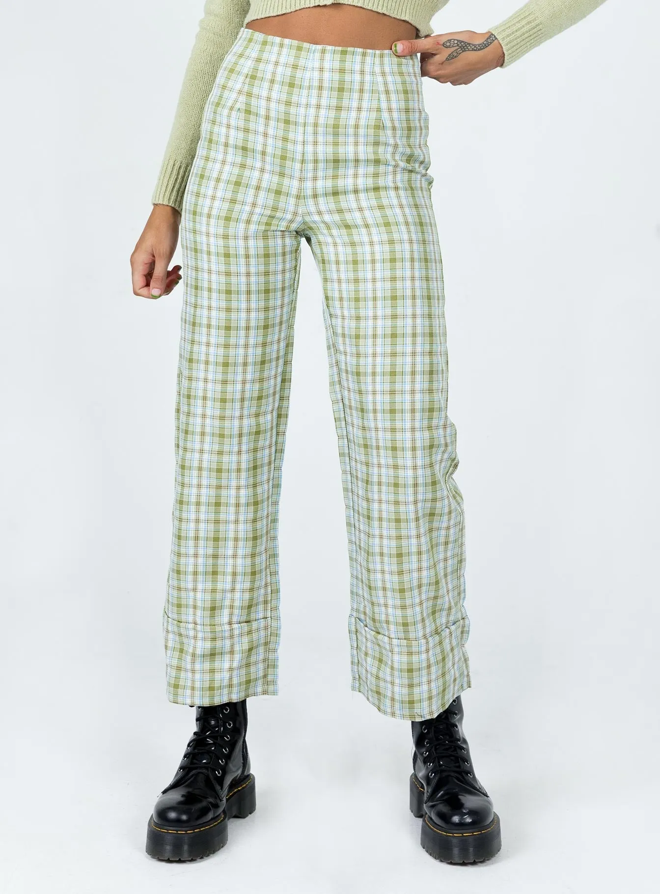Euros Pants Light Green Check Move Freely