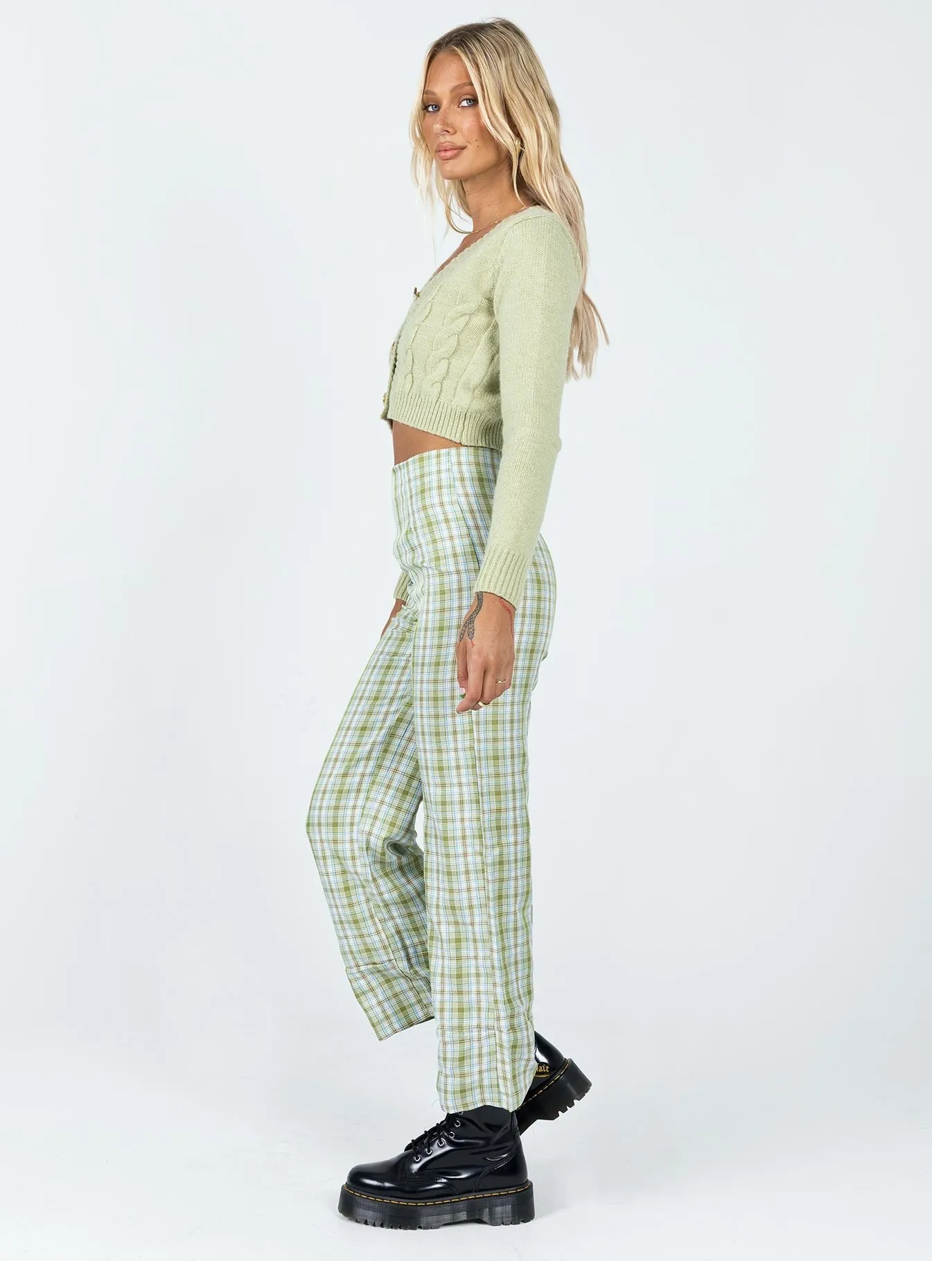 Euros Pants Light Green Check Lightweight Fabric