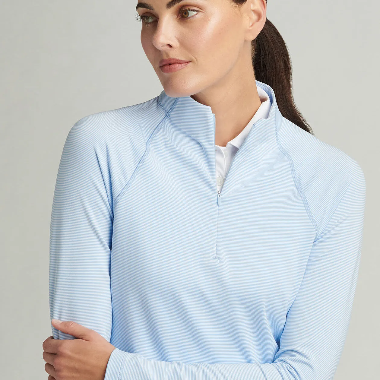 Peter Millar Women's Women's Women's Sugar Stripe Perth 1/4 Midlayer - Cottage Blue Thick Fiber Story Glow
