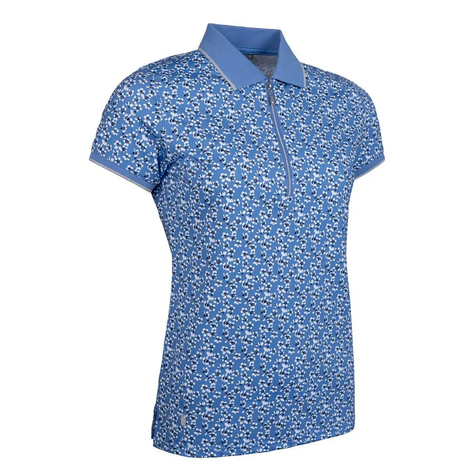 WearResistantHem Glenmuir Women's Amelia 1/4 Zip Performance Golf Polo Shirt - Light Blue Flowers