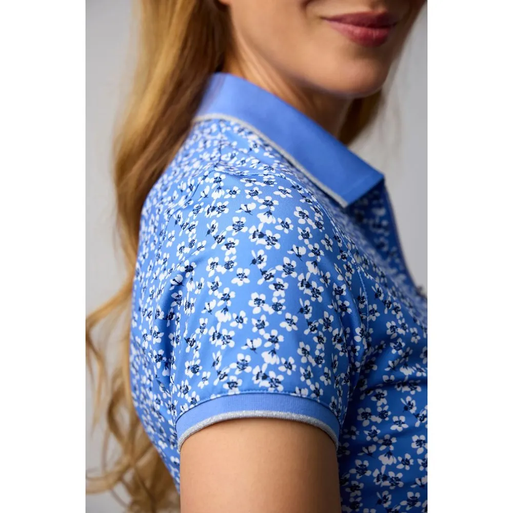 Glenmuir Women's Amelia 1/4 Zip Performance Golf Polo Shirt - Light Blue Flowers Tight Core ReinforcedHems