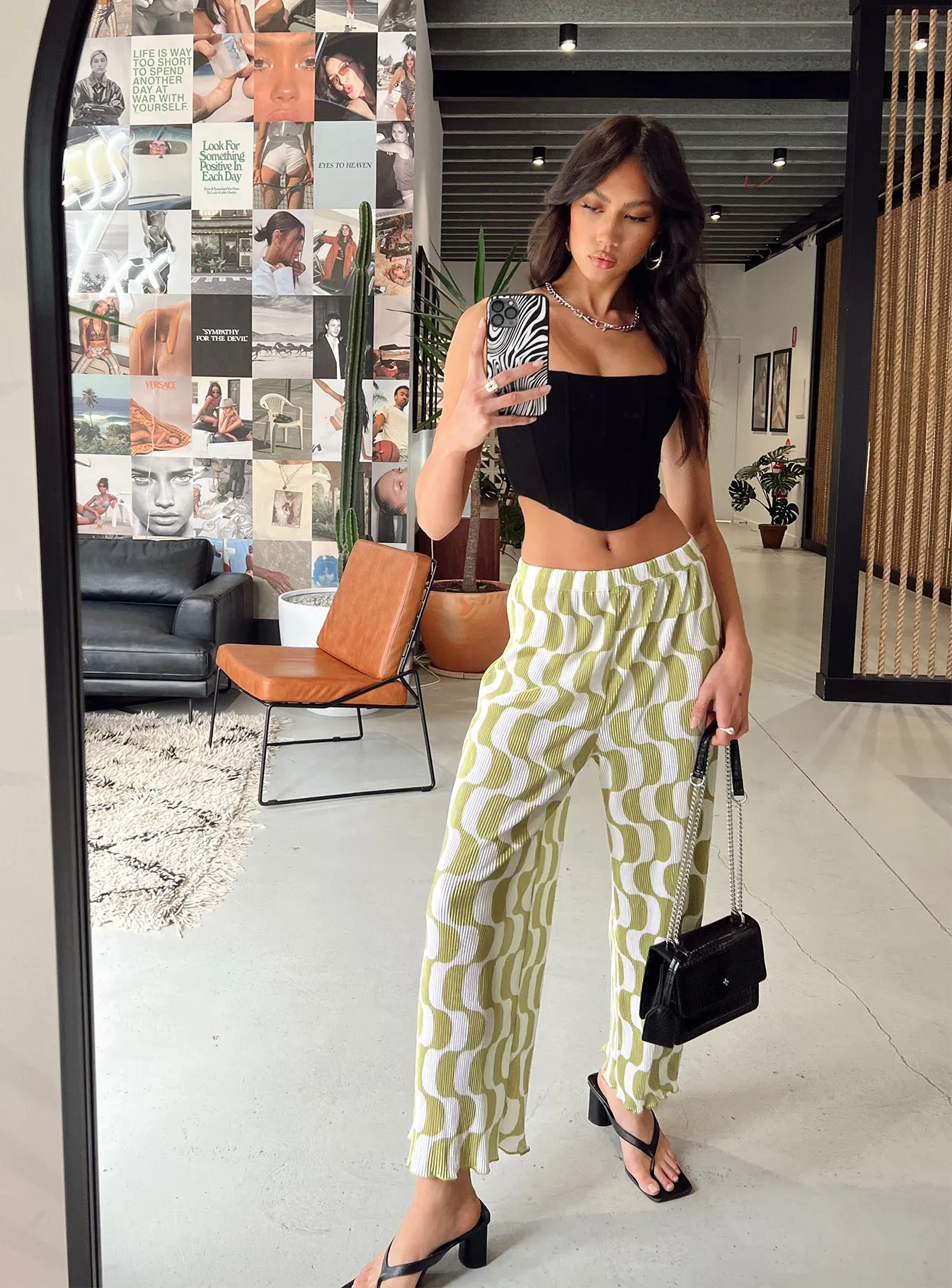 Practical Style Anti Snag Threading Taina Pleated Wide Leg Pants Green Multi