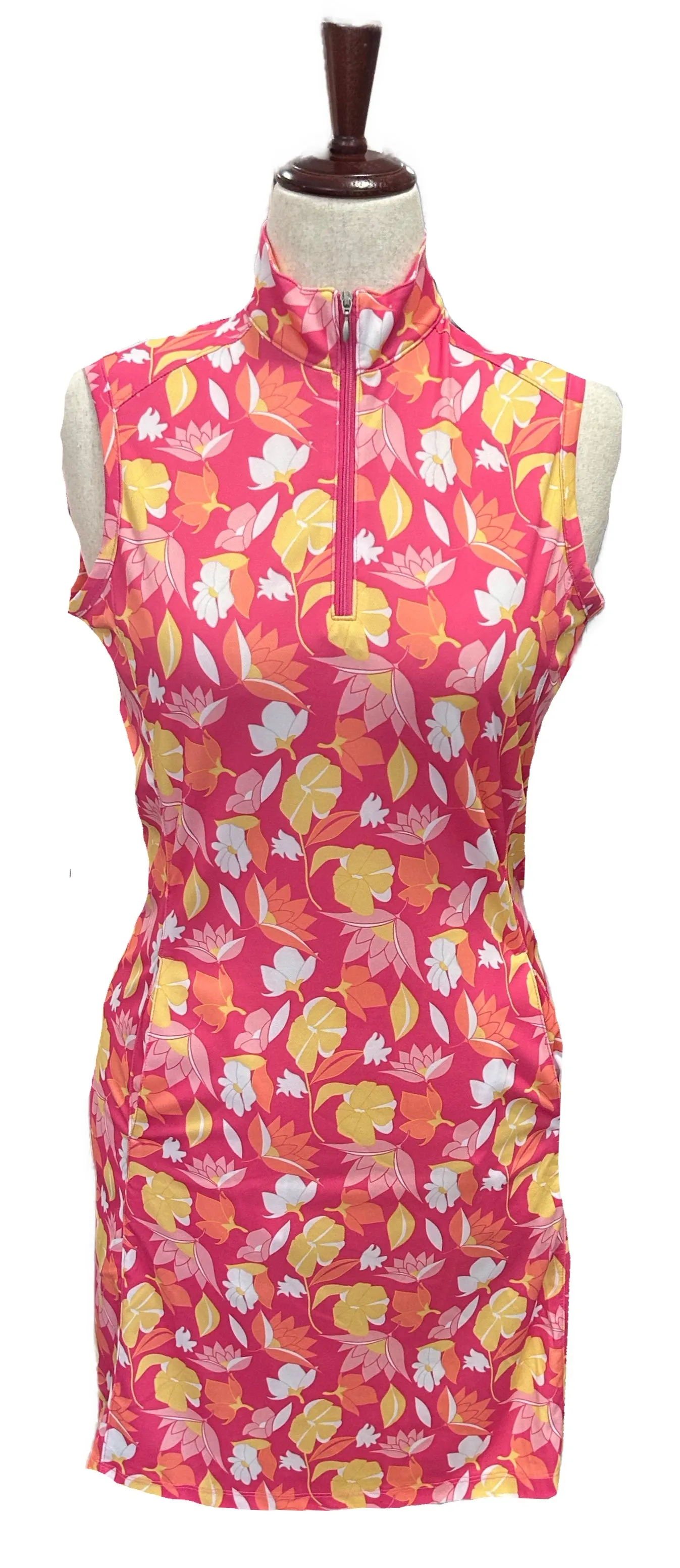 Bermuda Sands Pink, Orange & Yellow Floral Patterned Women's Golf Dress Size S Sheer Element High-Fashion