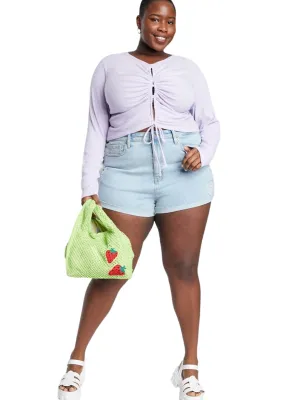 MultiPocket Design Women's Ripped Washed Cuffed Denim Short,Light Blue
