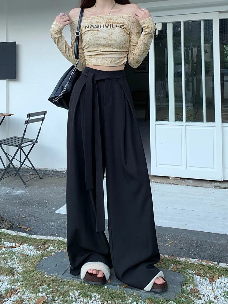 Design Women's Lace-up Wide-leg Pants Straight Clean Cut