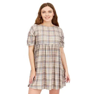 UV-Resistant Soul Warm Women's Plaid Smock Mini Dress,Beige