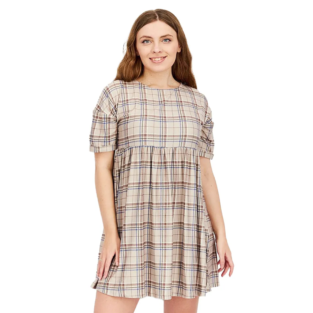 UV-Resistant Soul Warm Women's Plaid Smock Mini Dress,Beige