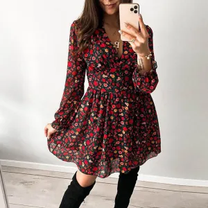 Spring Summer V-neck Long sleeve Floral Mini dress Stud-Detail