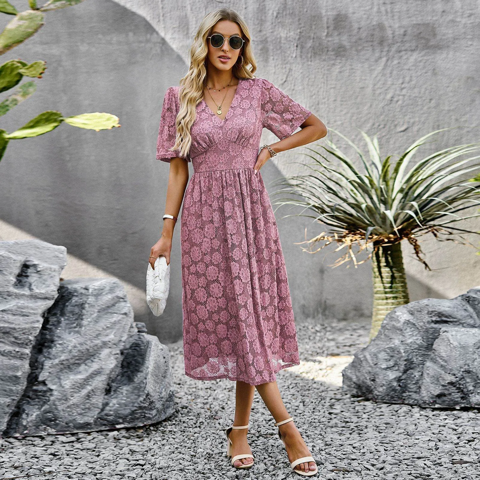 Fashion V-neck Lace Dress Summer Elegant Short Sleeve Long Dresses For Women Reversible-Style