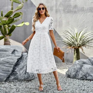 Soft Layering Fashion V-neck Lace Dress Summer Elegant Short Sleeve Long Dresses For Women