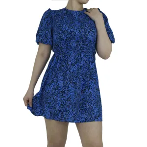 Women's Puff Sleeve Short Dress,Blue Classic Movement