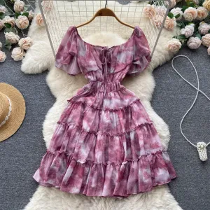 Mood Comfort Short Sleeve Square Collar Print A-line Dress Summer Simple High Waist Mini Dress Ladies Casual Dress Clothes Women