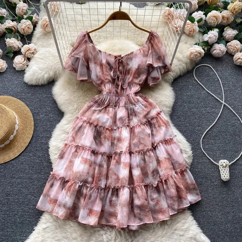 Statement Look Easy Fit Short Sleeve Square Collar Print A-line Dress Summer Simple High Waist Mini Dress Ladies Casual Dress Clothes Women