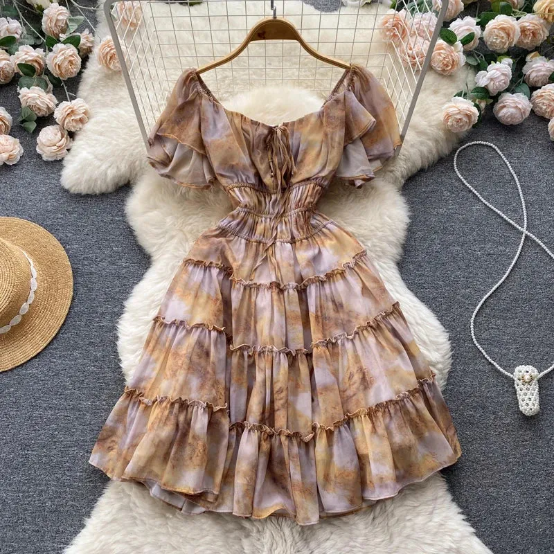 Youthful Look Short Sleeve Square Collar Print A-line Dress Summer Simple High Waist Mini Dress Ladies Casual Dress Clothes Women