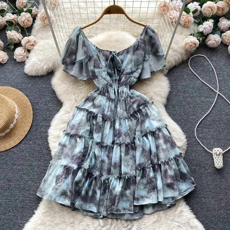 Short Sleeve Square Collar Print A-line Dress Summer Simple High Waist Mini Dress Ladies Casual Dress Clothes Women Work Vibes
