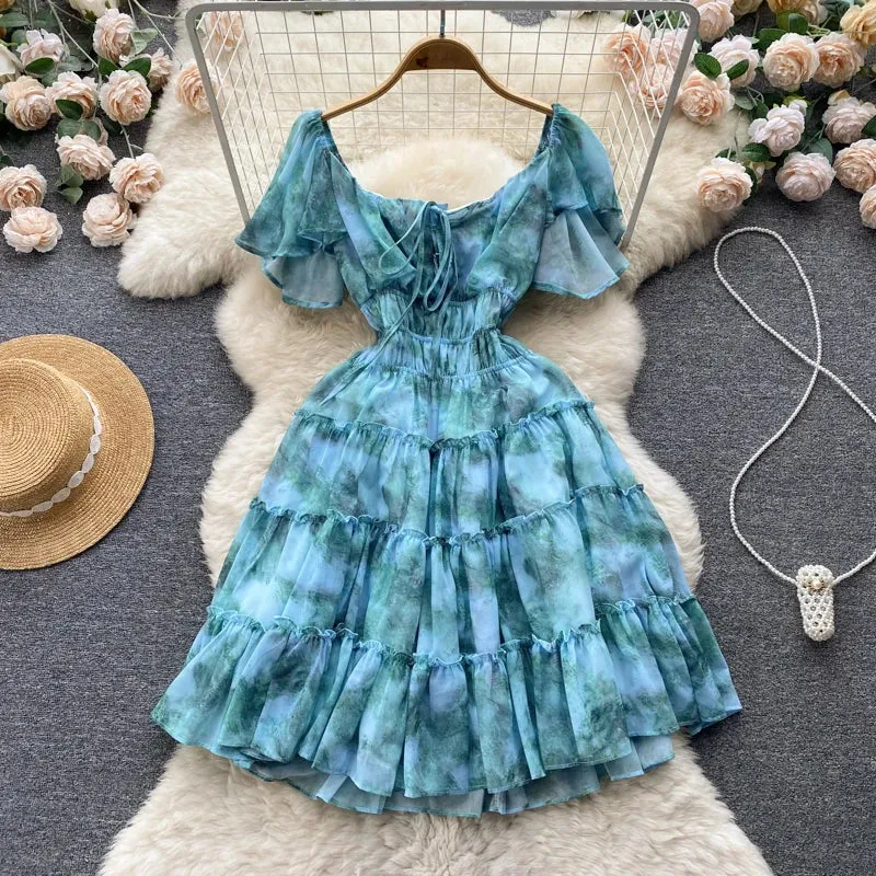 Trendy Appeal Short Sleeve Square Collar Print A-line Dress Summer Simple High Waist Mini Dress Ladies Casual Dress Clothes Women