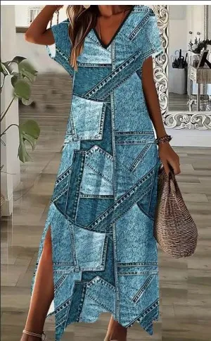 Elegant Women's Short Sleeve V-Neck Denim-Inspired Dress With Geometric Print And Side Slit -  Machine Washable - Chic Summer Fashion Flattering Waist Fit