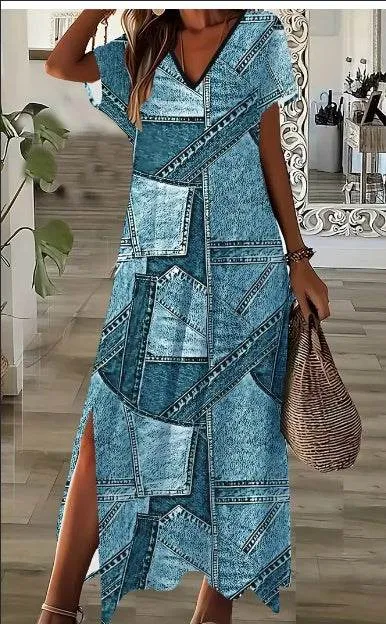 Elegant Women's Short Sleeve V-Neck Denim-Inspired Dress With Geometric Print And Side Slit -  Machine Washable - Chic Summer Fashion Art-Gallery