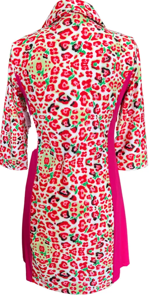 Button Accent New Spitfire Petite Leopard Combo Pink 3/4 Sleeve Dress Size L Petite -RUNS VERY SMALL
