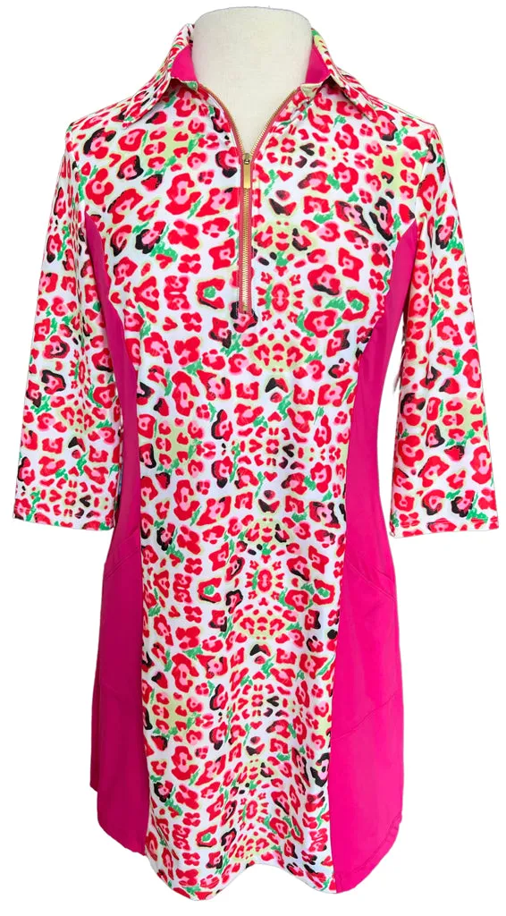 Flare Breeze Matte Fabric New Spitfire Petite Leopard Combo Pink 3/4 Sleeve Dress Size L Petite -RUNS VERY SMALL