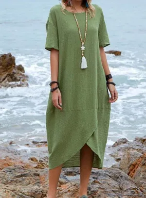 Women Maxi Dress Neck Pocket Summer Loose Casual Baggy Robe Female Retro Long Dresses Timeless elegance Lightweight-Structure