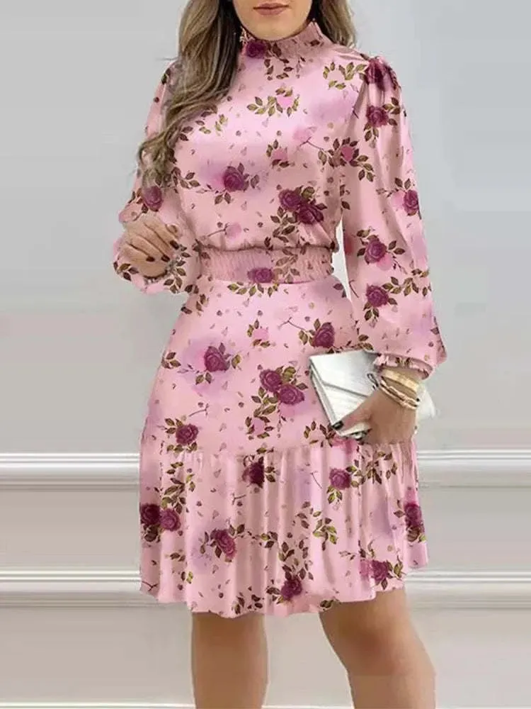 Women's Floral Print Lantern Sleeve Shirred Ruffles Dress Airy Drape